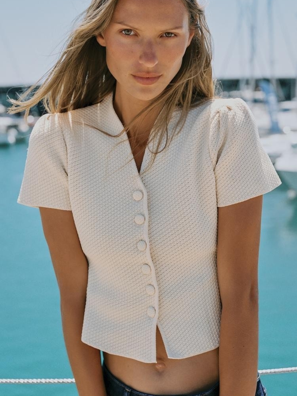 Zara Cream Textured Short-Sleeve Button Front Top